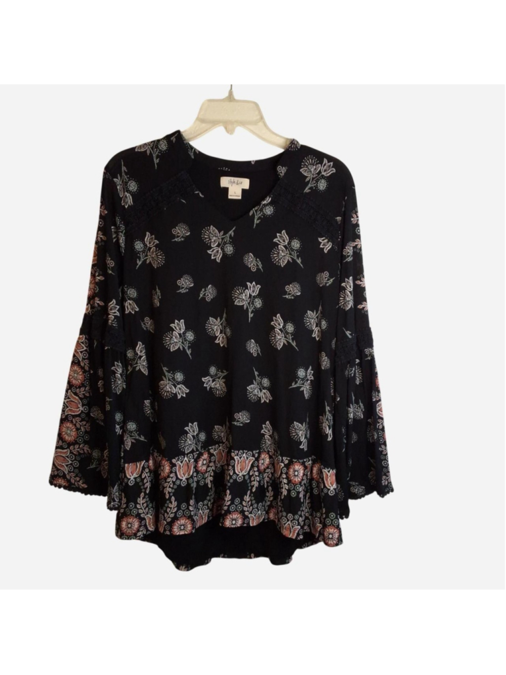 Style & Co Black Boho Floral Bell Sleeve Tunic Top Size Large
